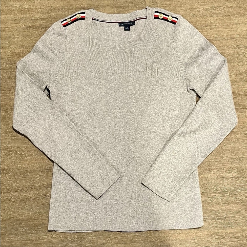 Tommy Hilfiger Light Gray Crewneck Sweater with Shoulder Stripe Detail